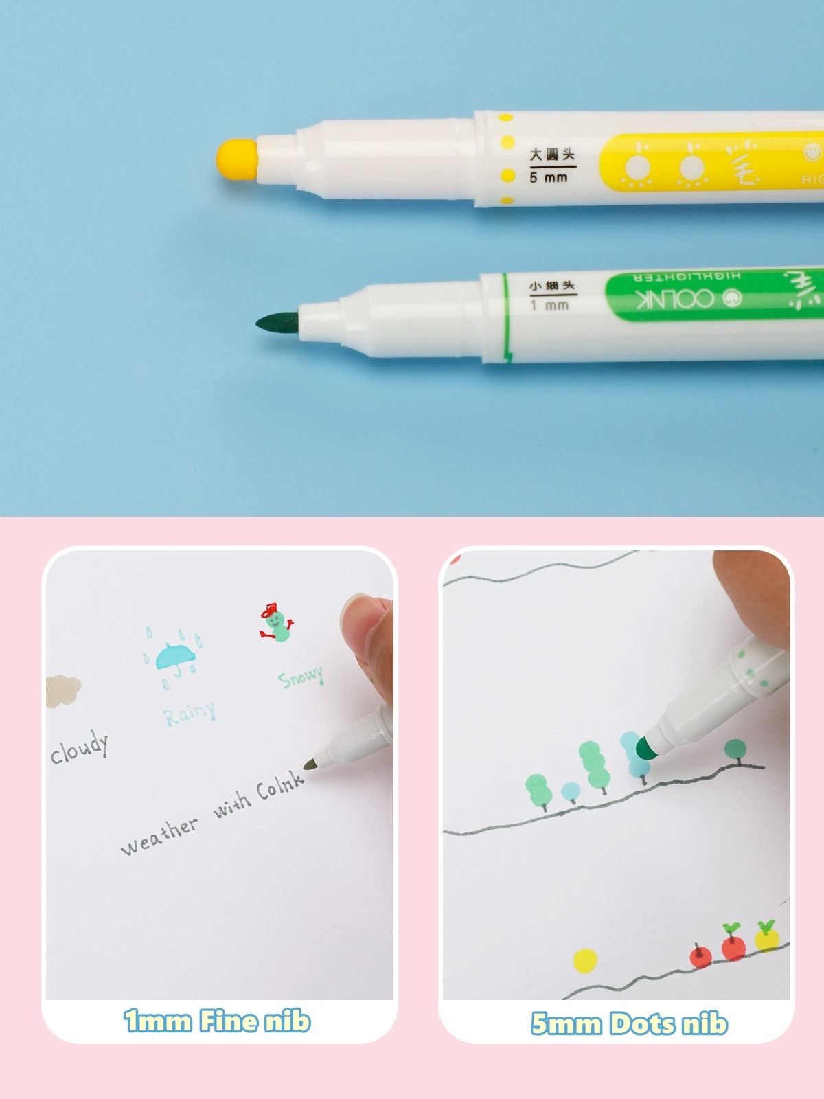 6pcs Light Color Dot Highlighter Pen Set Dual Side Fine Liner & Spot Marker for Drawing