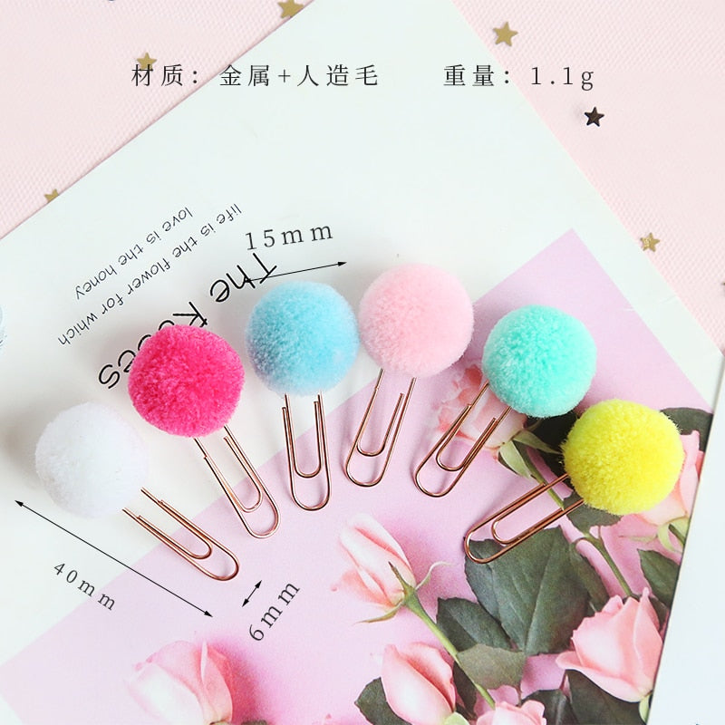12 pcs Cute pompon ball bookmark Metal clips Color bulb page holder