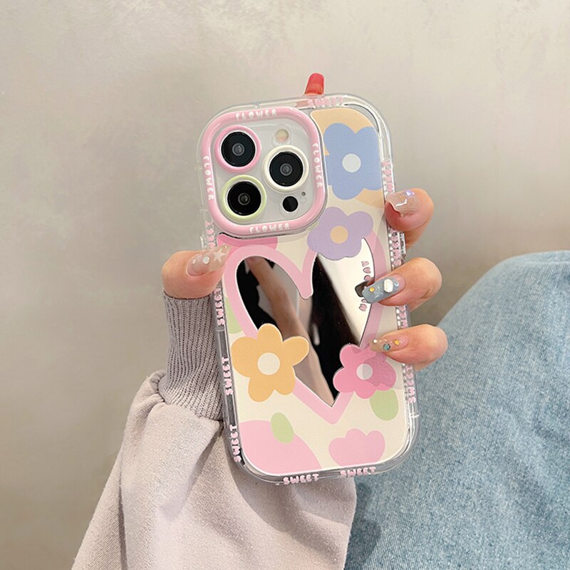 Sweet Love Heart Flowers Mirror Phone Case For iPhone