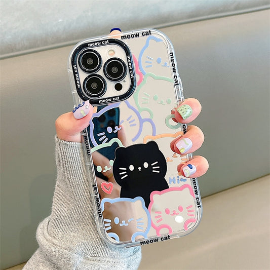 Mirror Painted Lines Cute Cat Phone Case For iPhone