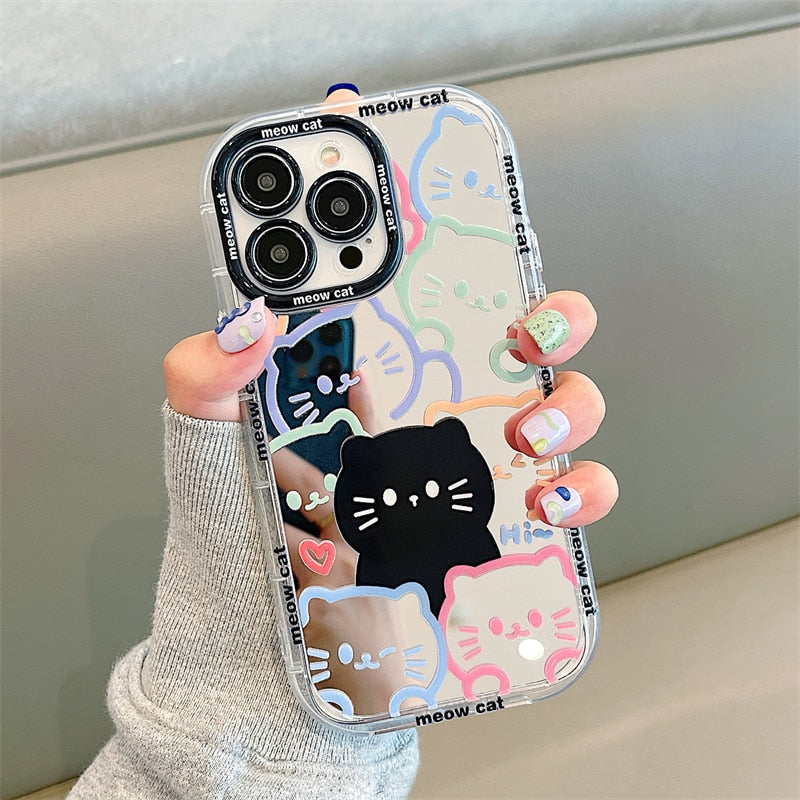 Mirror Painted Lines Cute Cat Phone Case For iPhone